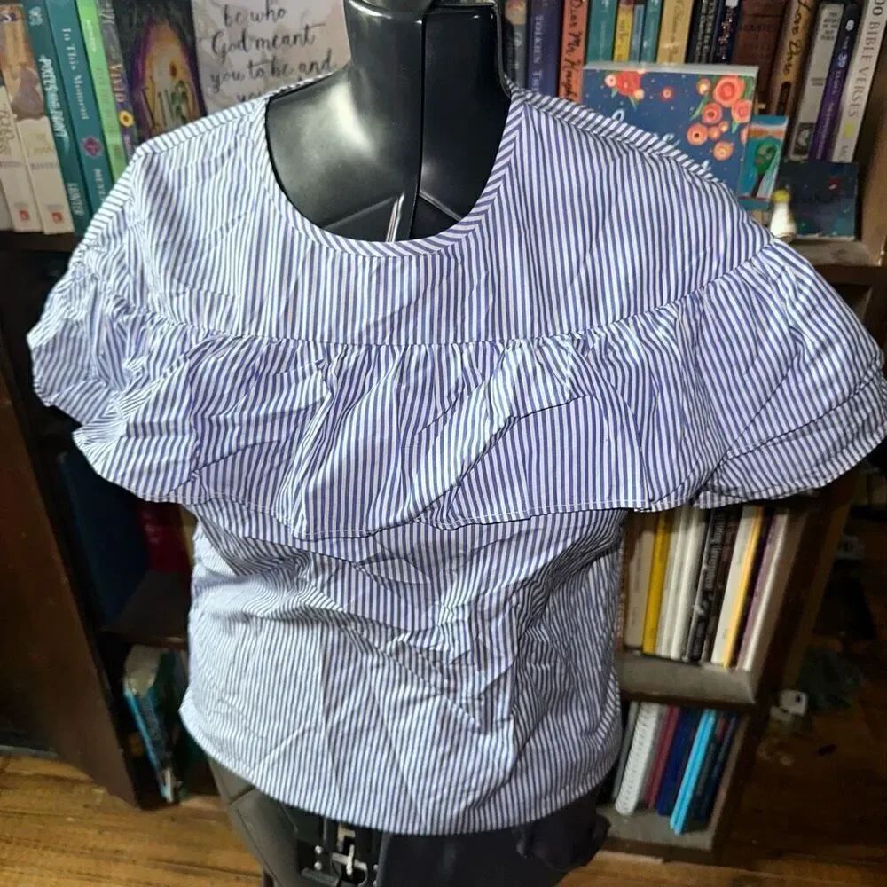 J Crew blue & white striped ruffled royalcore 8 blouse